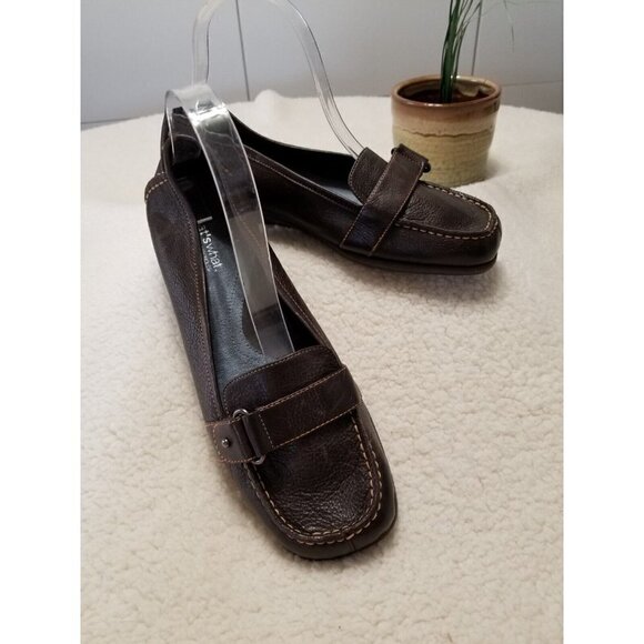 What's What Aerosoles Brown Leather Slip on Wedge Heel Loafers Shoes Womens 8.5W - Picture 1 of 7